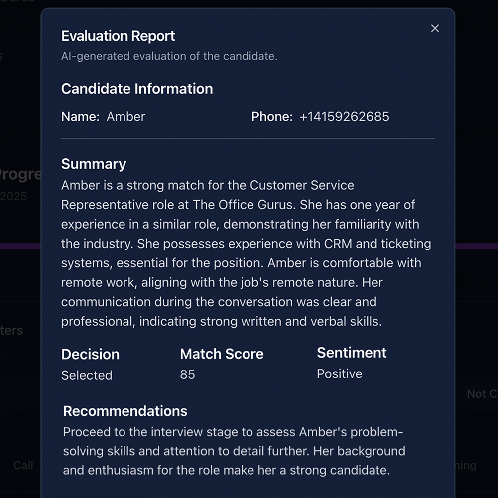 Real-Time Candidate Evaluation Report showing AI-generated candidate assessment with match score and recommendations