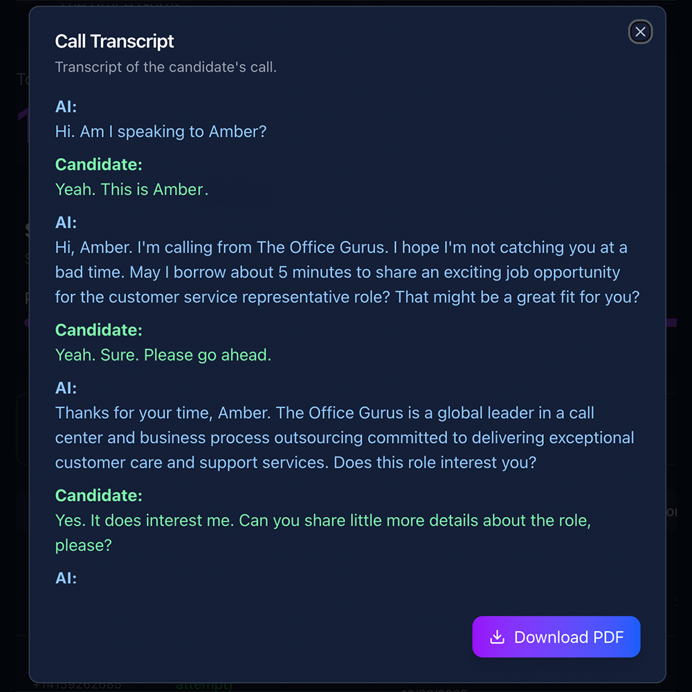 Instant Call Transcript showing real-time conversation between AI agent and candidate with download option
